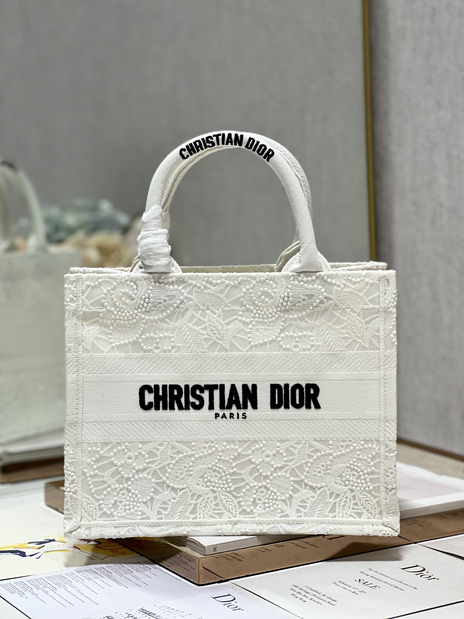 Dior Book Tote Tote Bags White Embroidery Gauze Vintage Mini