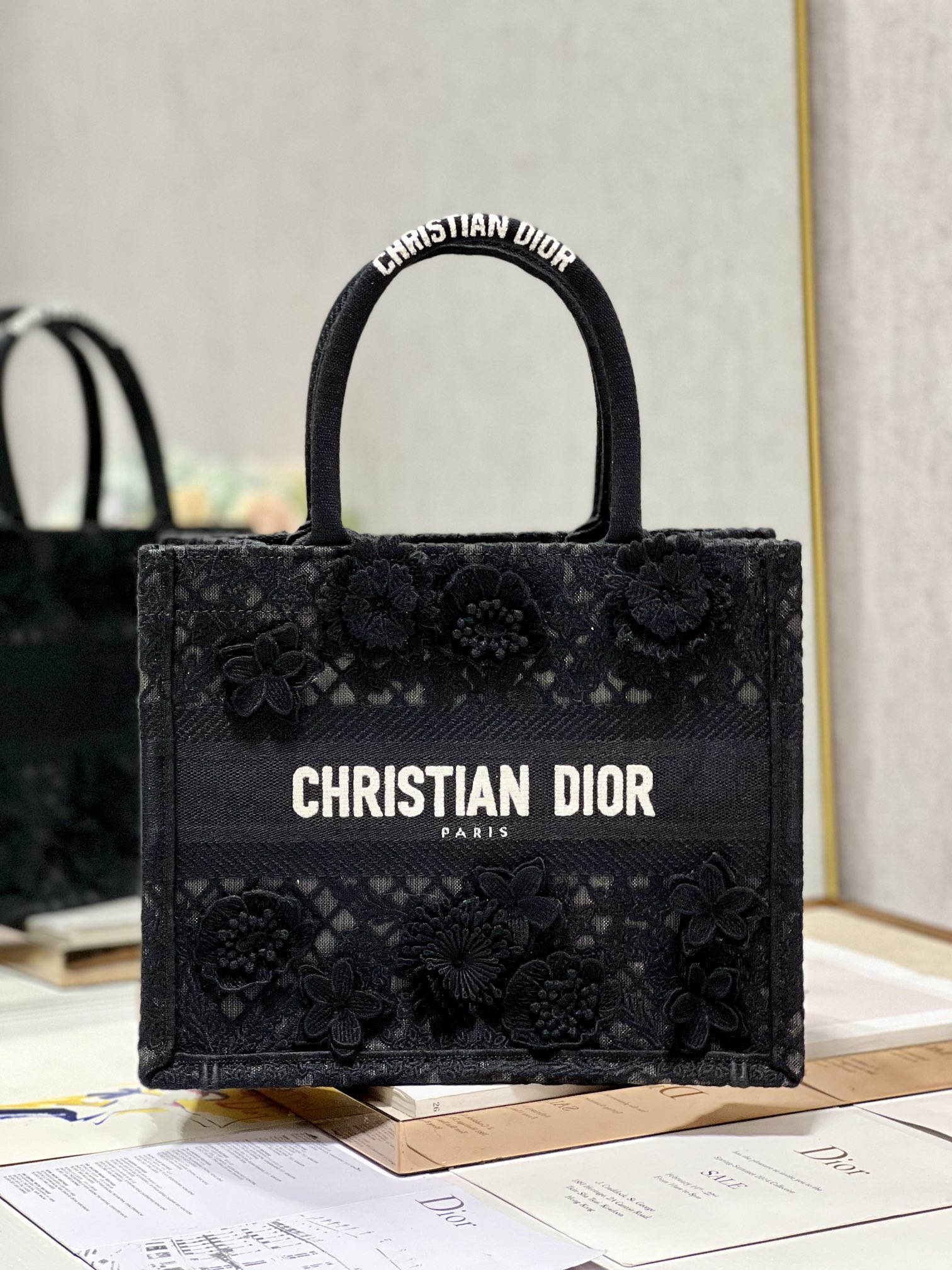 Dior Book Tote Tote Bags Black Embroidery Vintage Mini