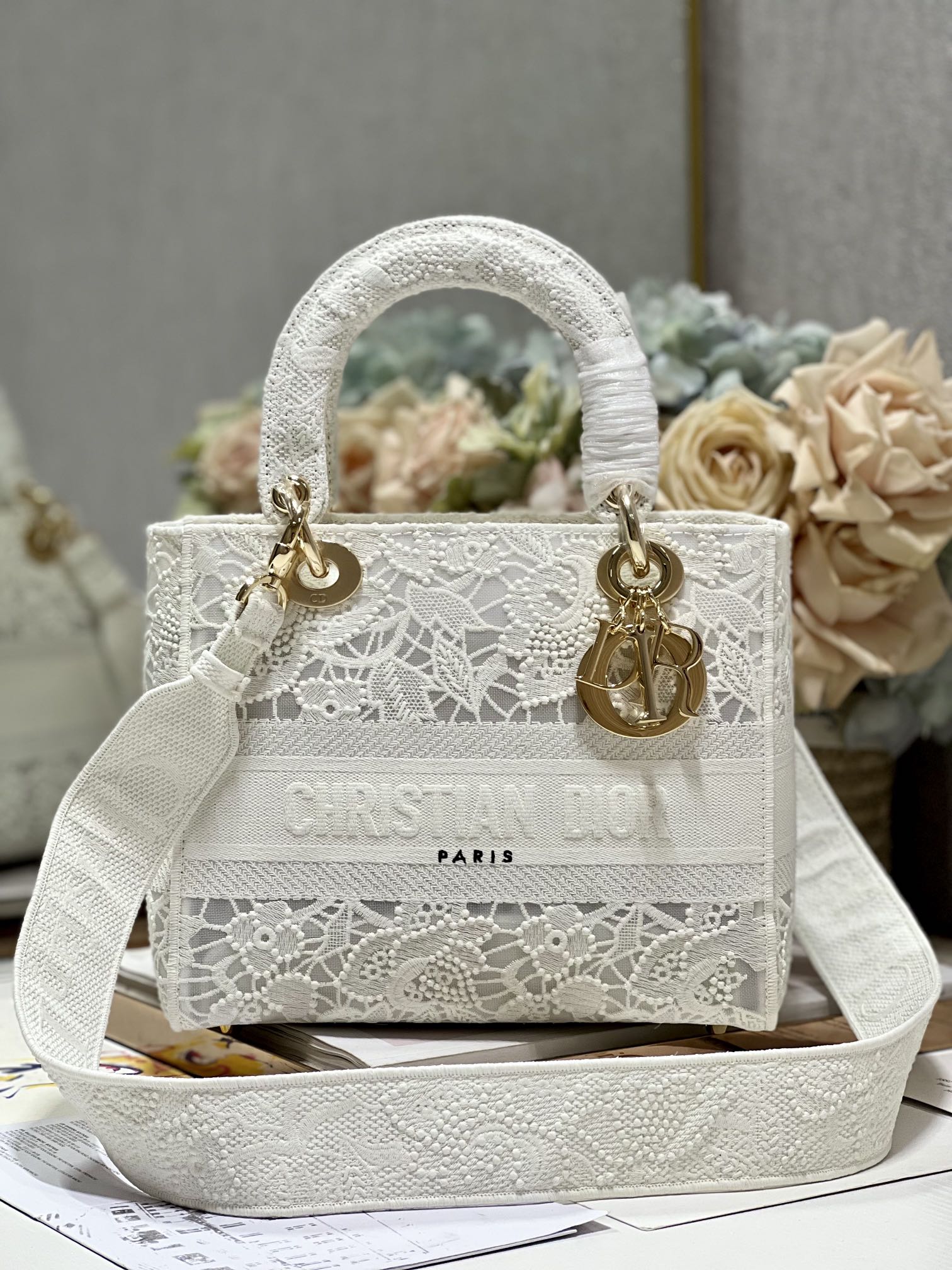 Dior Lady Handbags Crossbody & Shoulder Bags White Embroidery Gauze Fashion