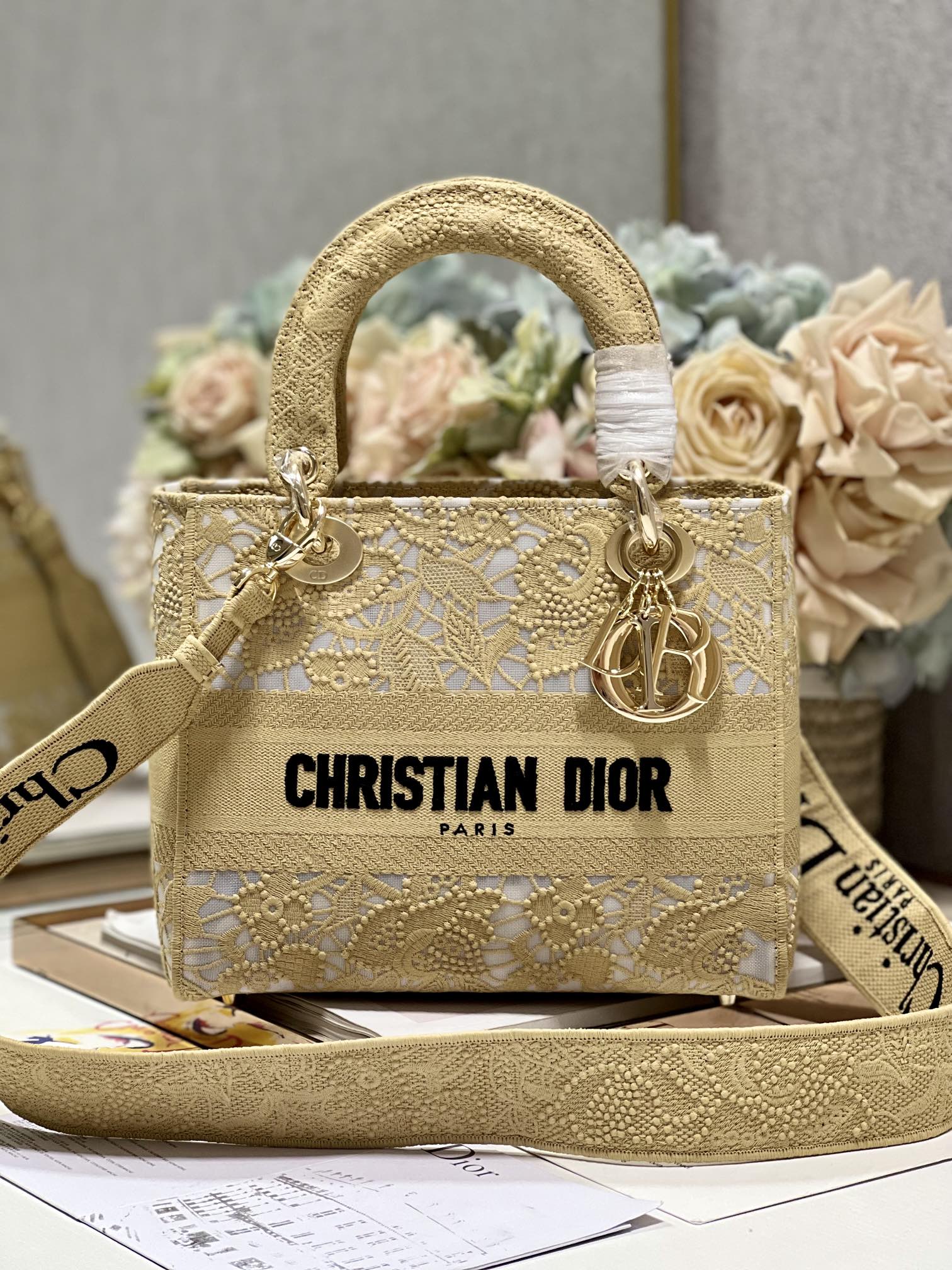 Dior Lady Handbags Crossbody & Shoulder Bags Apricot Color Embroidery Gauze Fashion