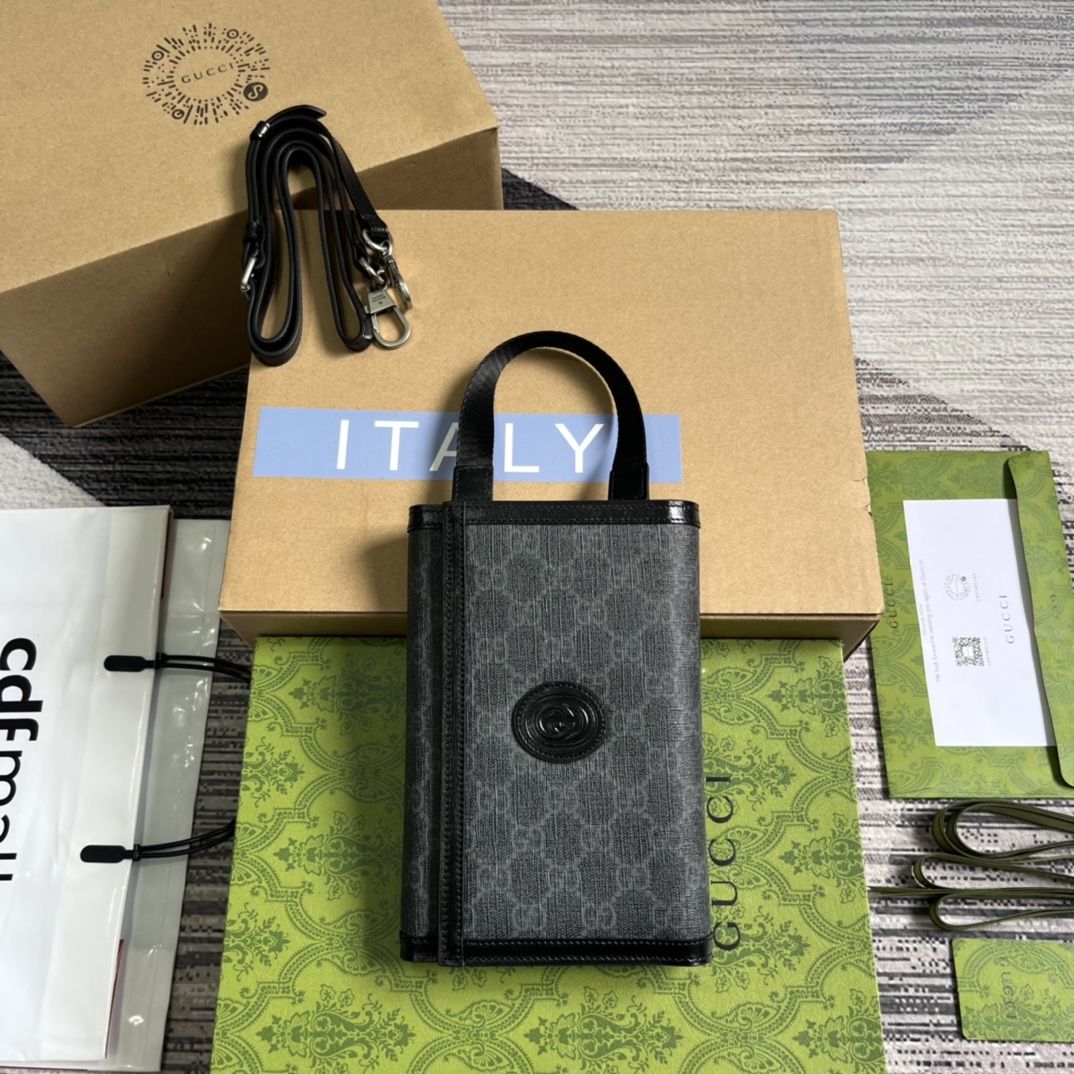 GUCCI Interlocking G Clutch Bag Canvas Leather Trim