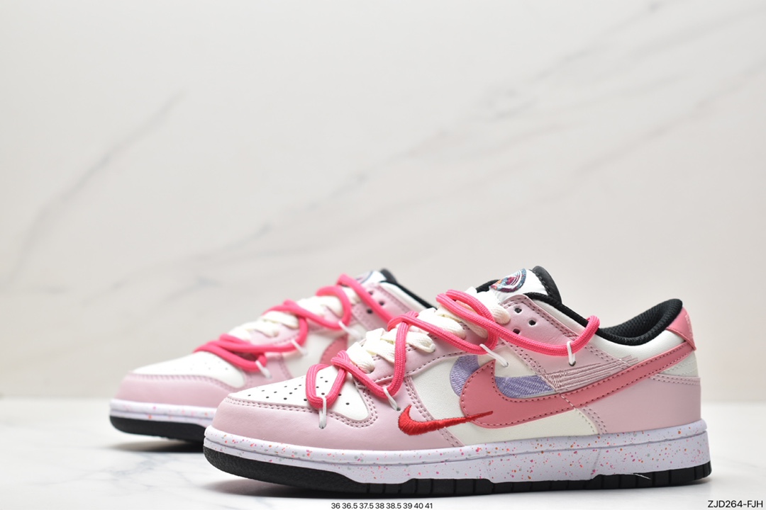 Tie-lace Off-White deconstruction style customization, Nike SB Dunk Low ”Milk White/Pink/Smile” dunk sports skateboard shoes FD4623-131