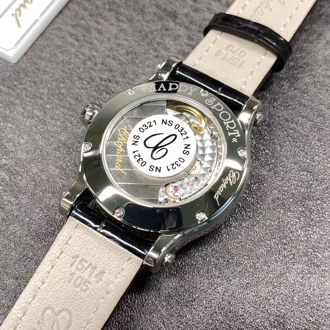 Lacoste 肖邦 萧邦快乐钻石系列，30mm直径，高光黑色鳄鱼皮 搭载全自动进口2892机芯