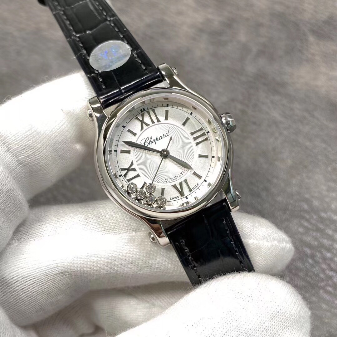 Lacoste 肖邦 萧邦快乐钻石系列，30mm直径，高光黑色鳄鱼皮 搭载全自动进口2892机芯