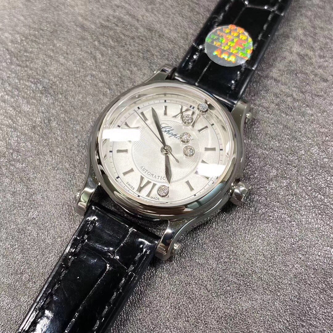 Lacoste 肖邦 萧邦快乐钻石系列，30mm直径，高光黑色鳄鱼皮 搭载全自动进口2892机芯