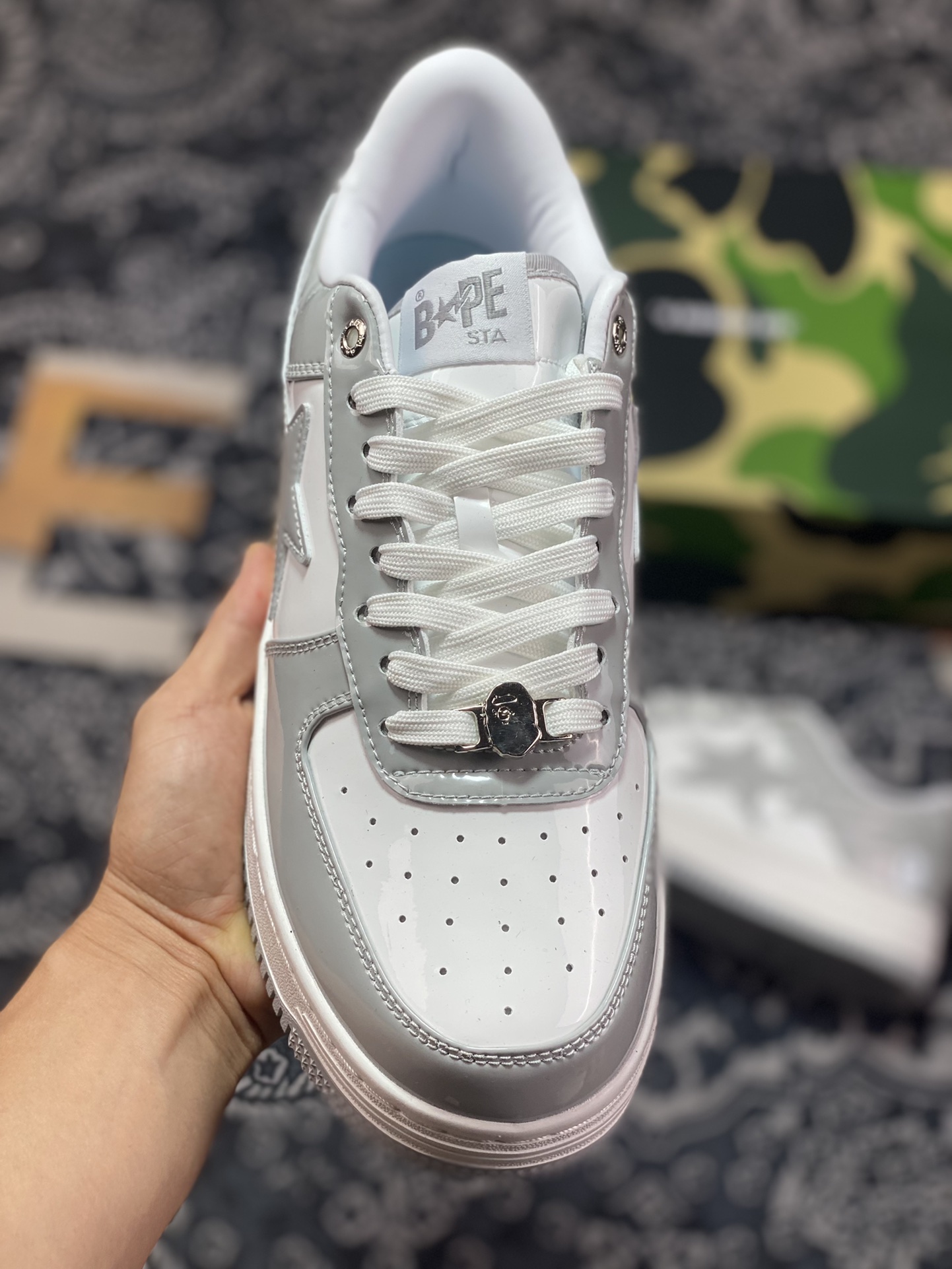 A Bathing Ape BAPE Sta Low Star Series Low-top Classic Retro Casual Sports Sneakers ”Patent Leather Gray” 1I70-191-022