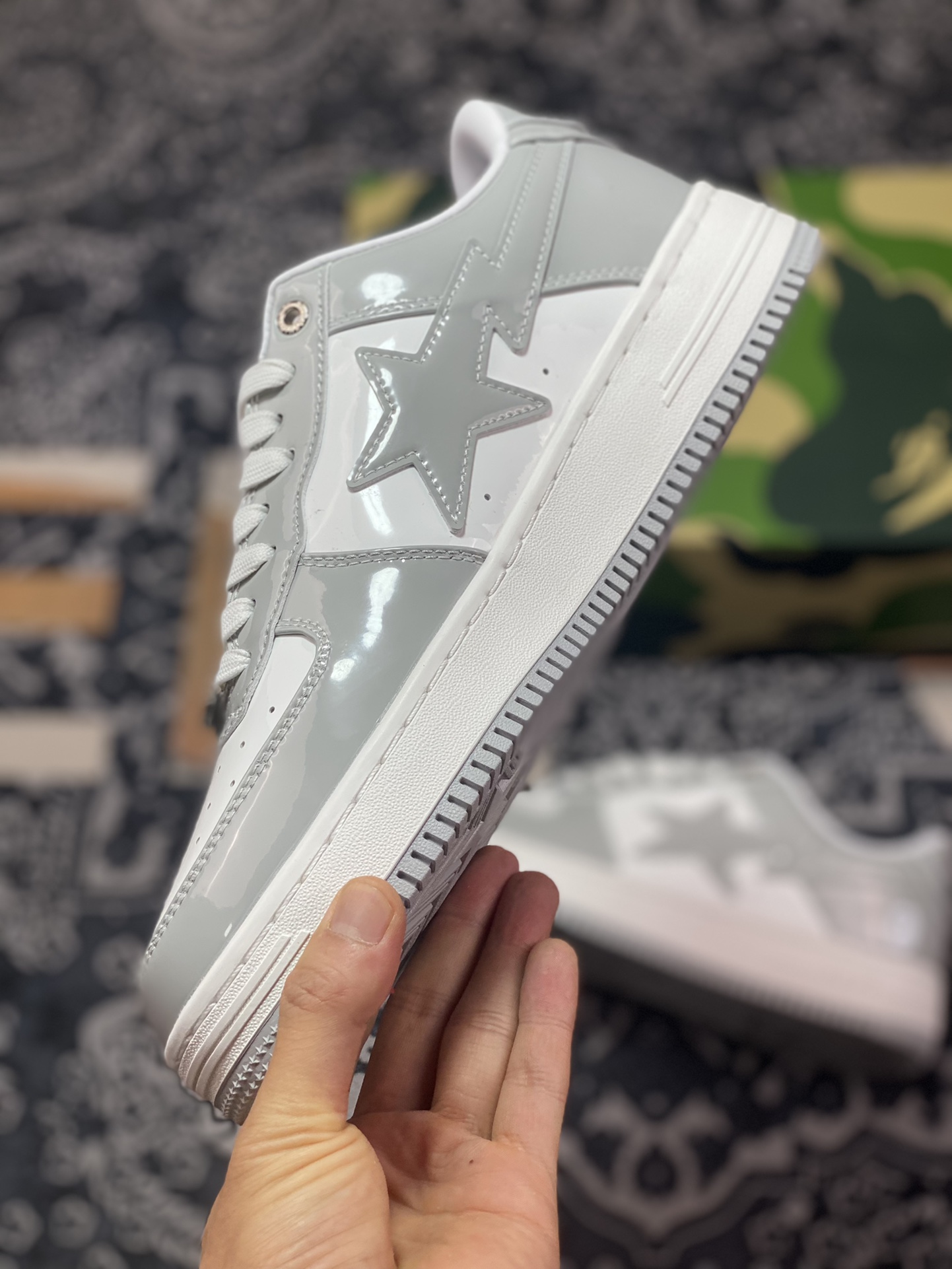 A Bathing Ape BAPE Sta Low Star Series Low-top Classic Retro Casual Sports Sneakers ”Patent Leather Gray” 1I70-191-022