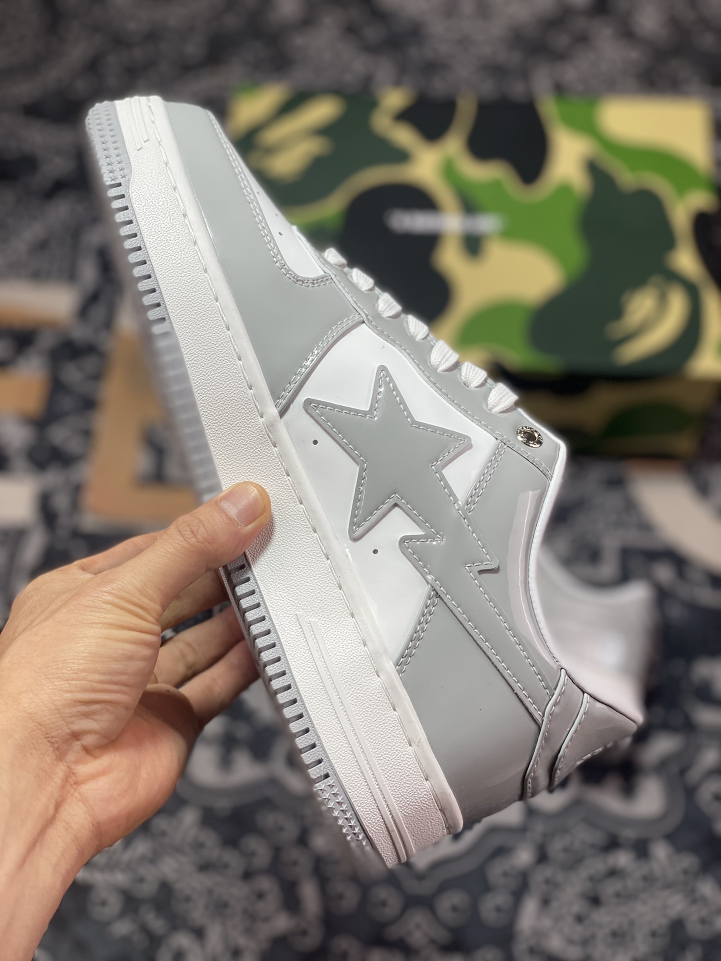 A Bathing Ape BAPE Sta Low Star Series Low-top Classic Retro Casual Sports Sneakers ”Patent Leather Gray” 1I70-191-022