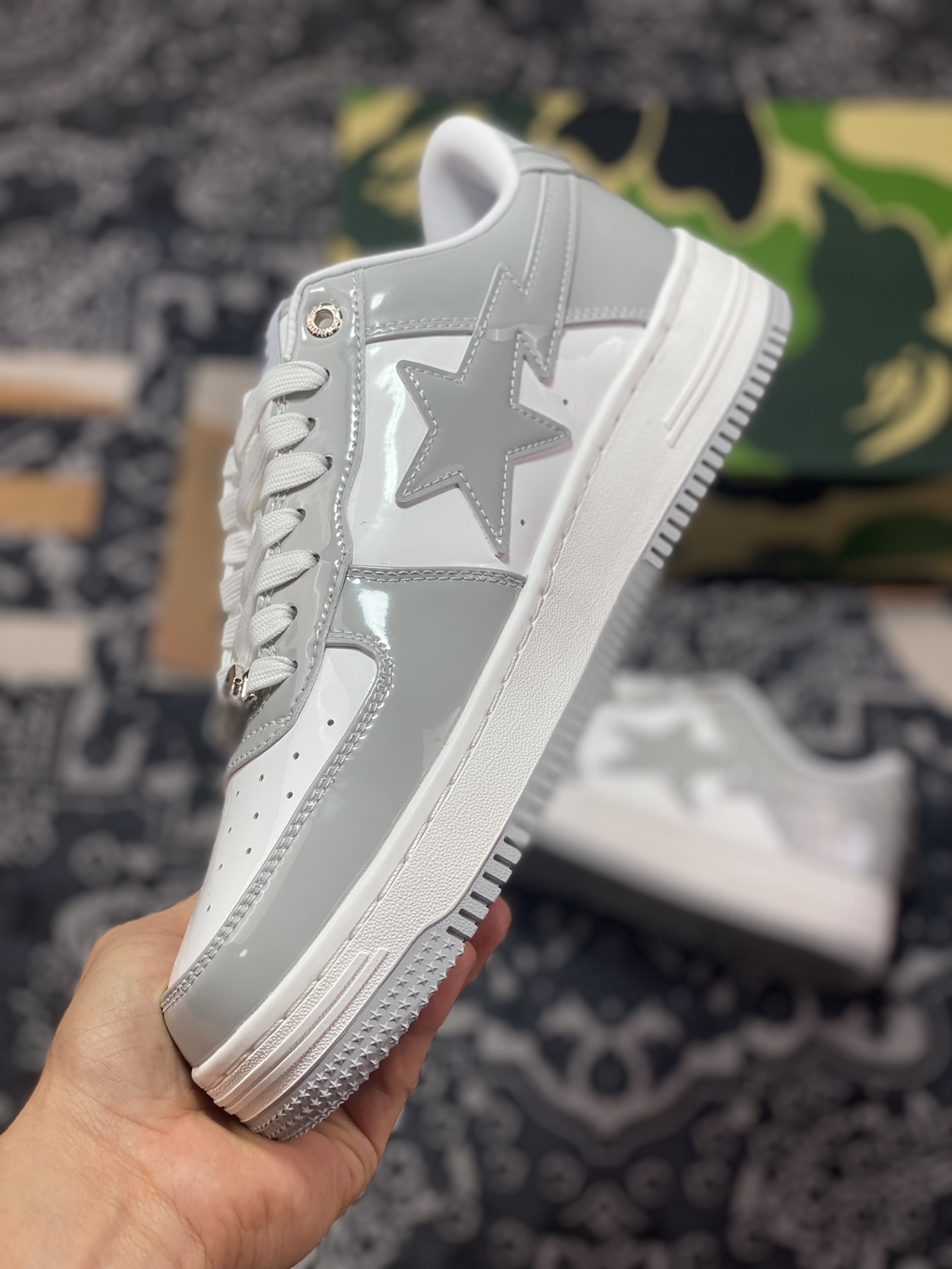 A Bathing Ape BAPE Sta Low Star Series Low-top Classic Retro Casual Sports Sneakers ”Patent Leather Gray” 1I70-191-022