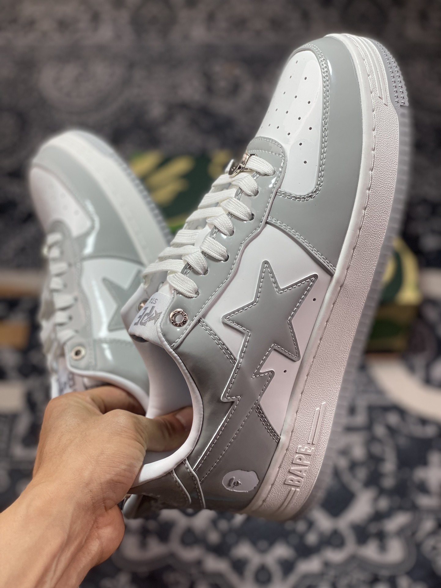 A Bathing Ape BAPE Sta Low Star Series Low-top Classic Retro Casual Sports Sneakers ”Patent Leather Gray” 1I70-191-022