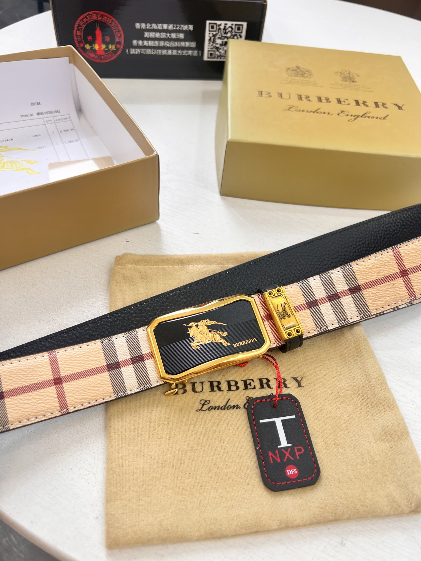 Burberry 摄 巴宝莉自动扣皮带 2023最新款 横条纹正版面料 荔枝纹头层牛皮 商务正装