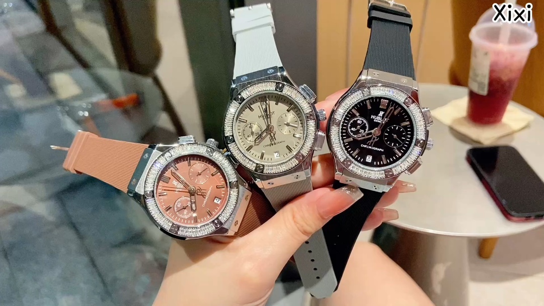 Hublot Style Quartz Watch with Diamond Bezel and Rubber Strap, 35mm