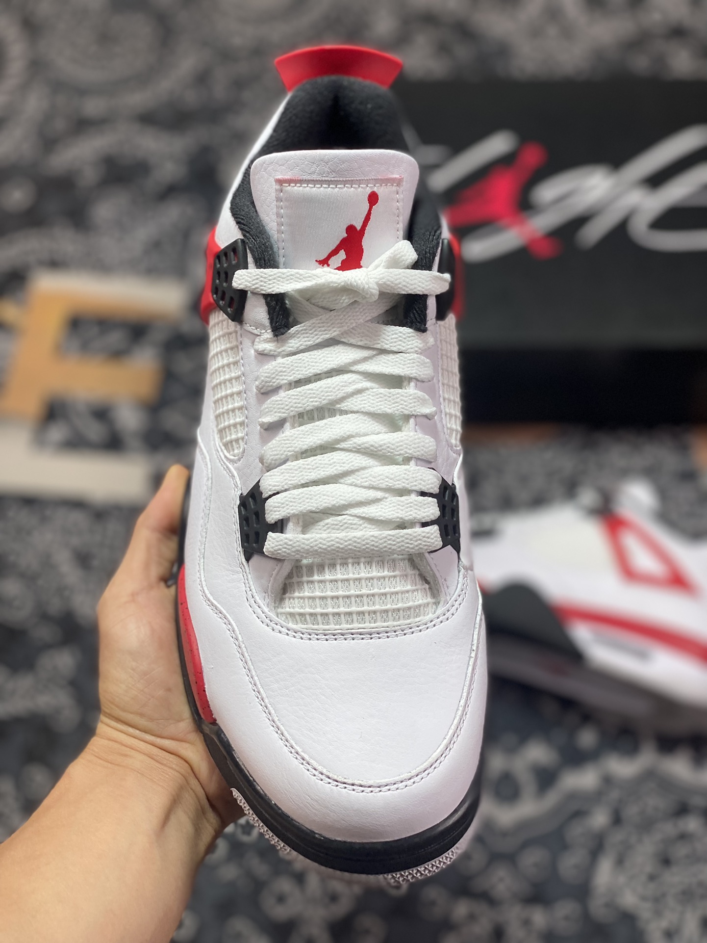 Preferred original Air Jordan 4 Retro ”Neutral Grey” white, black and red DH6927-161