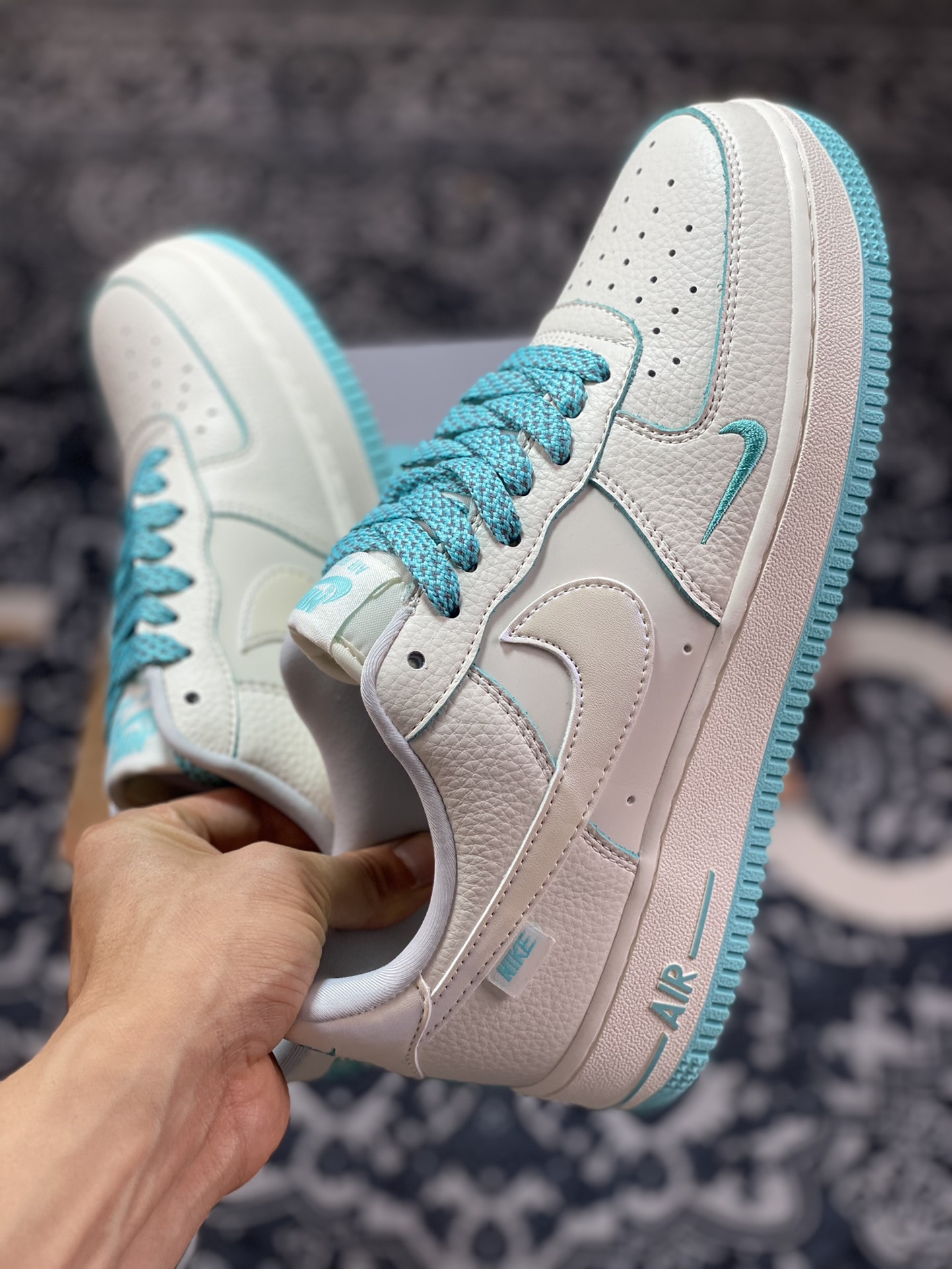 Nike Air Force 1 '07 Low QS ”Sail White/Mint Blue Swoosh” Air Force One Sneakers ”Leather Beige Mint Blue Pearlescent Hook” DD9915-655