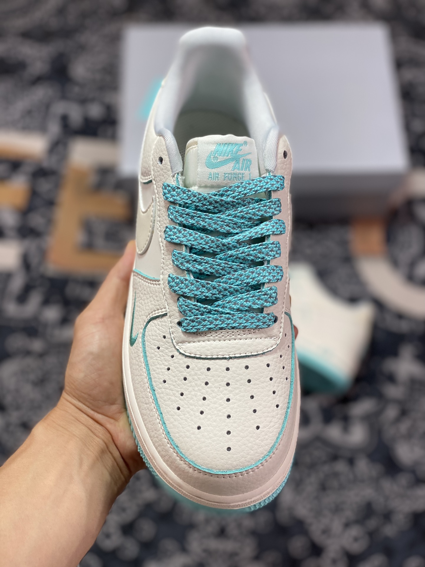 Nike Air Force 1 '07 Low QS ”Sail White/Mint Blue Swoosh” Air Force One Sneakers ”Leather Beige Mint Blue Pearlescent Hook” DD9915-655