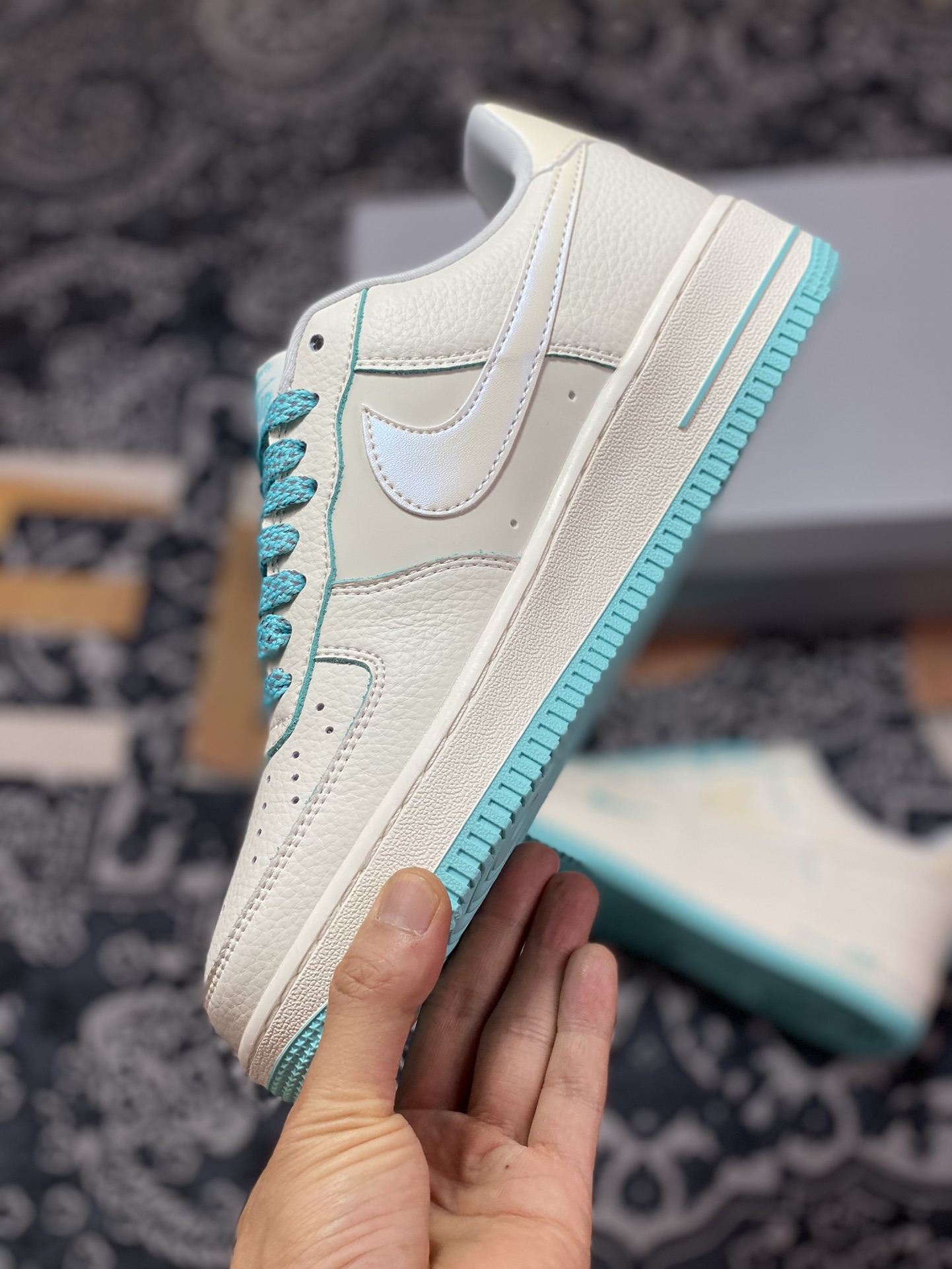 Nike Air Force 1 '07 Low QS ”Sail White/Mint Blue Swoosh” Air Force One Sneakers ”Leather Beige Mint Blue Pearlescent Hook” DD9915-655