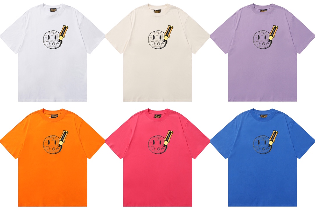 D059 6 colores 2023SS Camiseta de algodón puro de corte holgado y estilo urbano con estampado de cara sonriente drew, m…