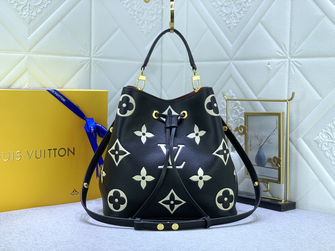 Louis Vuitton LV NeoNoe Taschen Eimertaschen Aprikosenfarbe Schwarz Gelb Rindsleder M45497