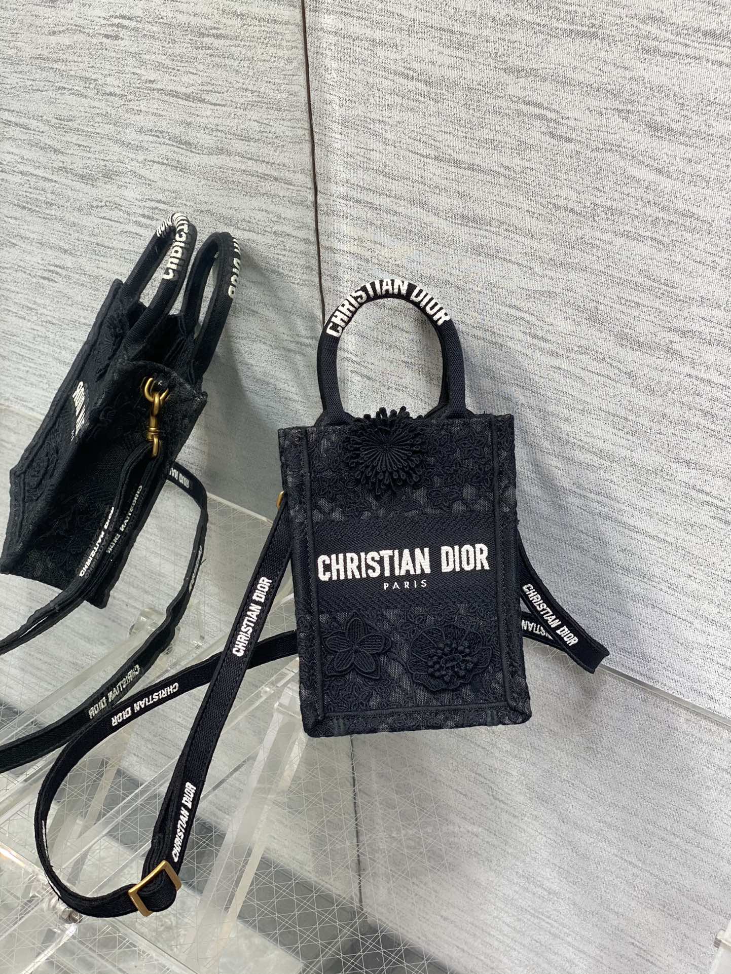 DIOR Lace Floral Embroidery Vertical Mini Tote Phone Bag with Adjustable Strap