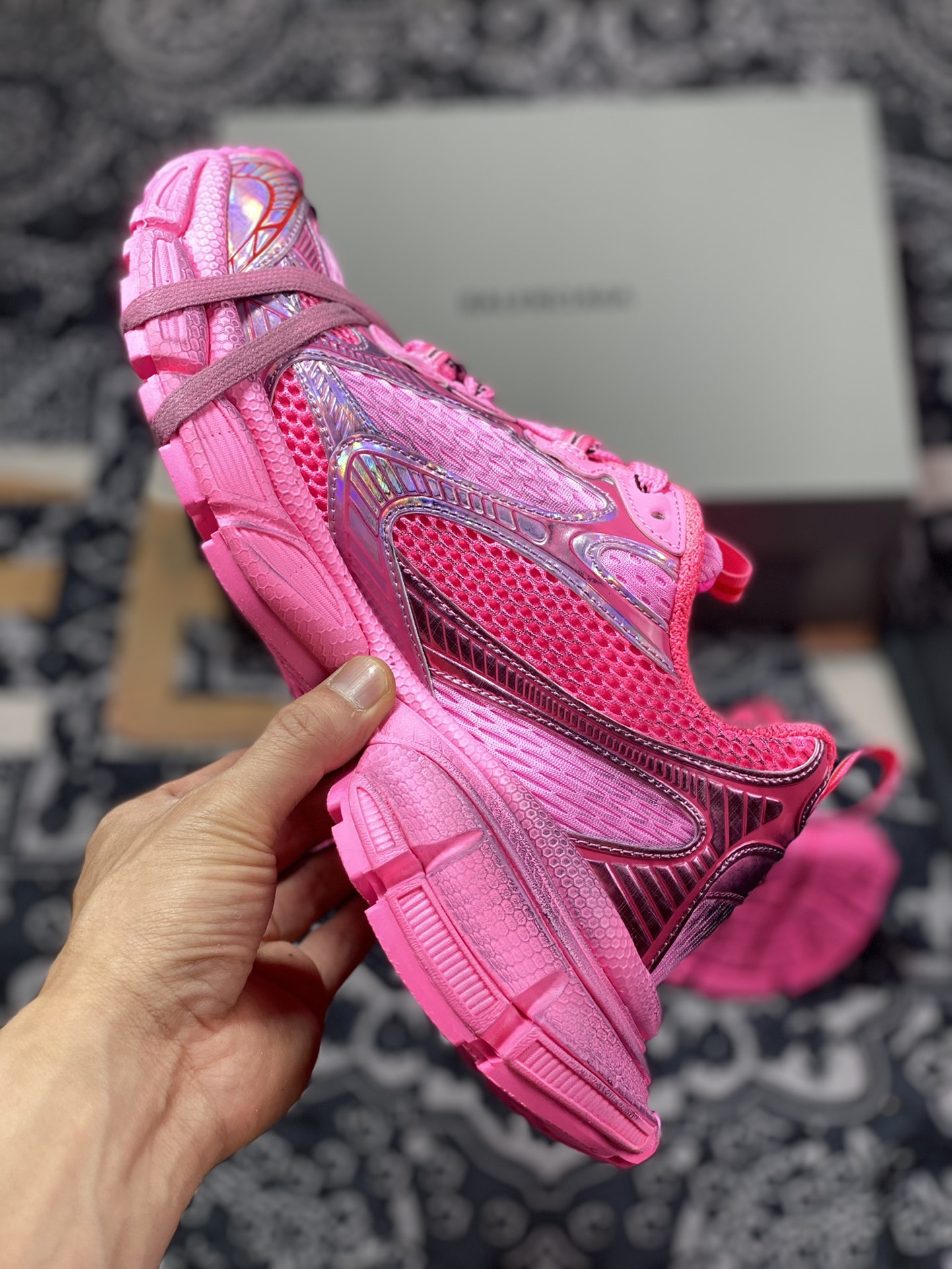 BALENCIAGA 3XL Sneake3+ series low-top retro wide-soled jogging shoes ”Mesh Barbie pink and black old” 734731 W3XL2 9060