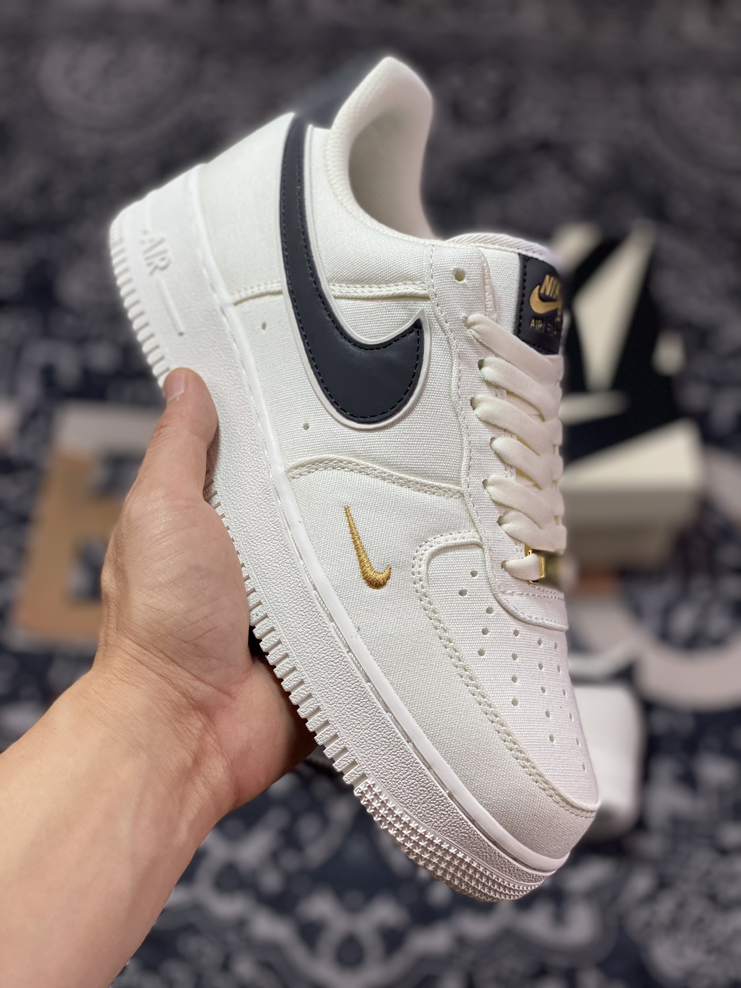 220 Nike Air Force 1’07 Low QS”Sail/Black/Gold”空军一号板鞋“帆布米白黑金迷你双钩子”MN5696-809