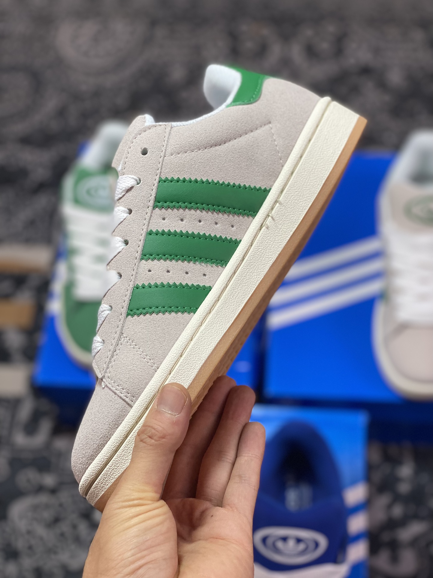 Adidas Originals Campus 00s College Series Bakery Style Sneakers ”Suede Light Gray Green Raw Gum Sole” GY0038