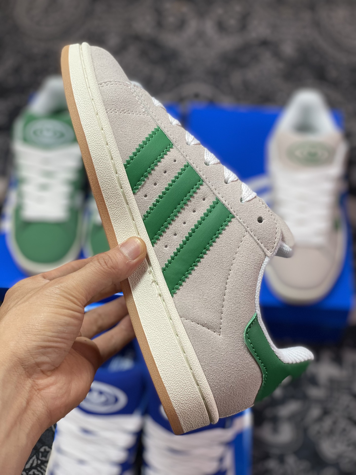 Adidas Originals Campus 00s College Series Bakery Style Sneakers ”Suede Light Gray Green Raw Gum Sole” GY0038