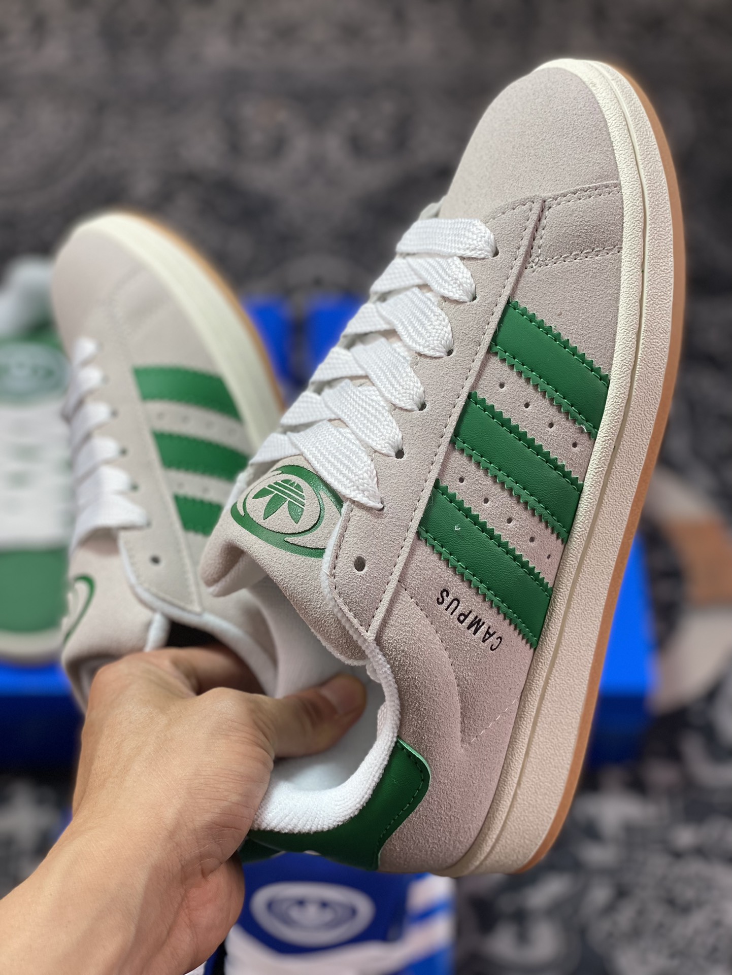 Adidas Originals Campus 00s College Series Bakery Style Sneakers ”Suede Light Gray Green Raw Gum Sole” GY0038