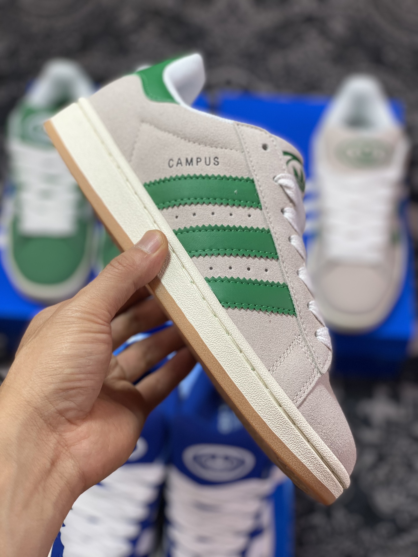 Adidas Originals Campus 00s College Series Bakery Style Sneakers ”Suede Light Gray Green Raw Gum Sole” GY0038