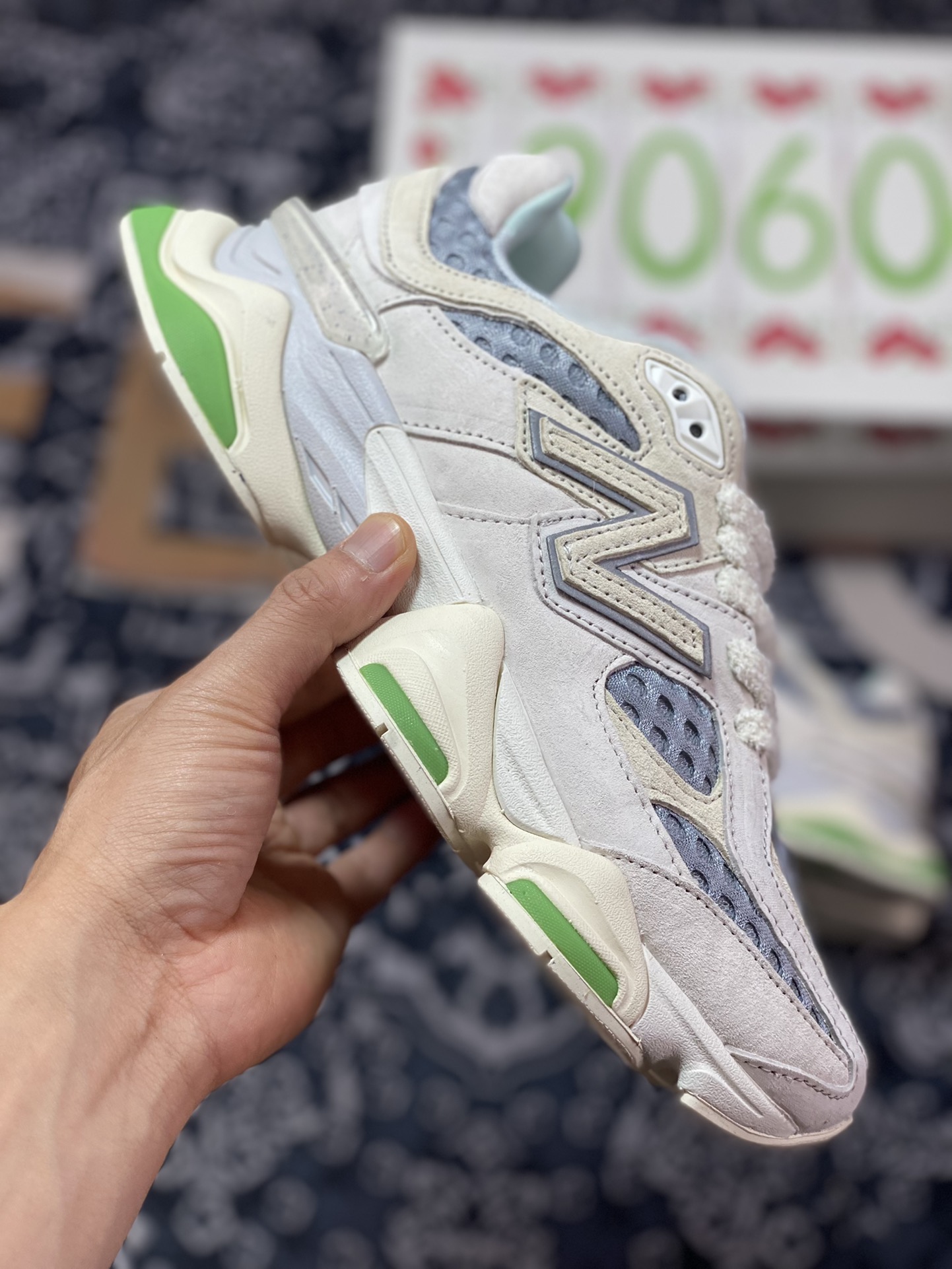 New Balance 9060 ”Bricks/Wood” series retro versatile dad style elephant hoof jogging shoes ”off-white, gray and fruit green” U9060BW1