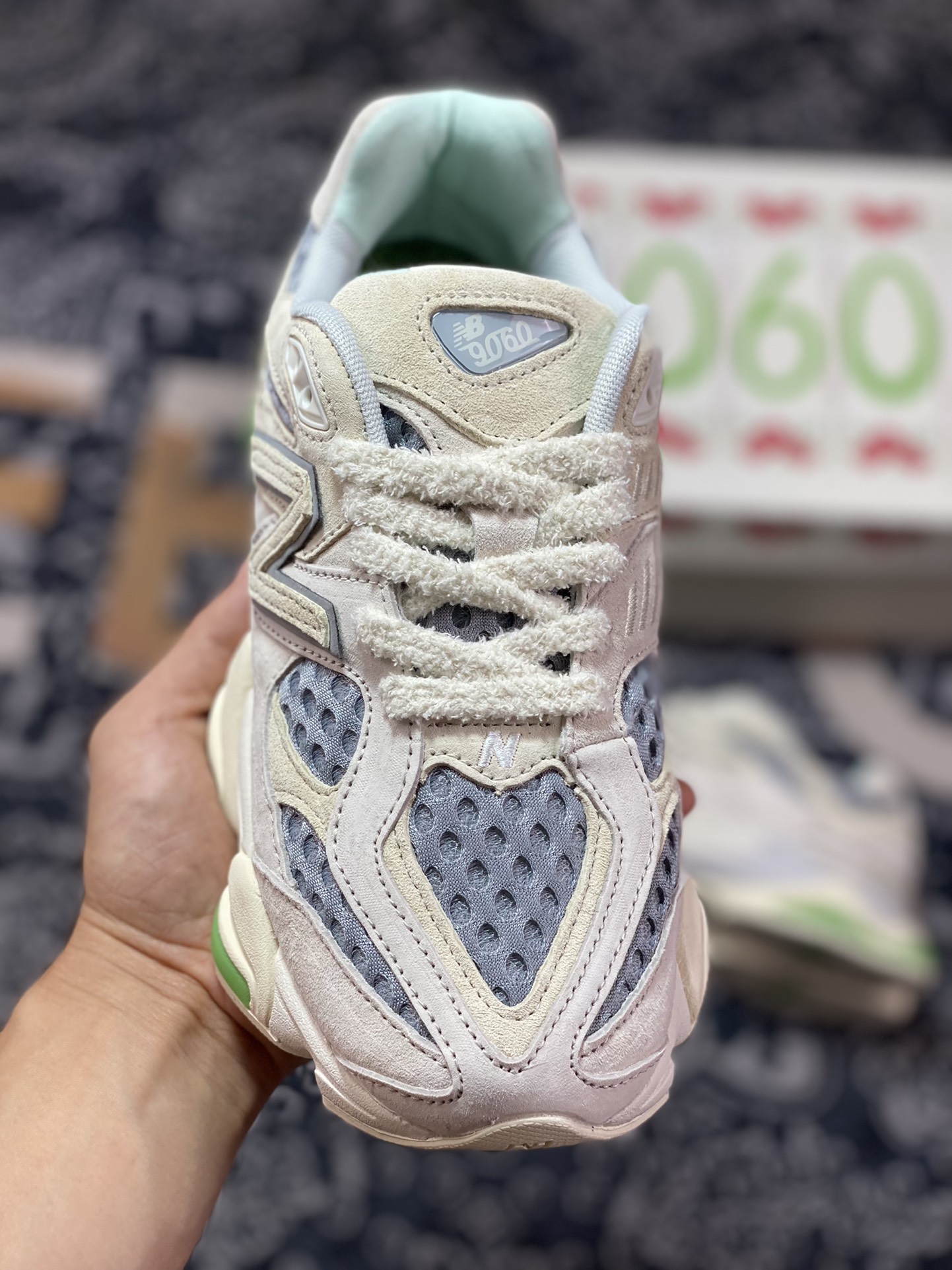 New Balance 9060 ”Bricks/Wood” series retro versatile dad style elephant hoof jogging shoes ”off-white, gray and fruit green” U9060BW1