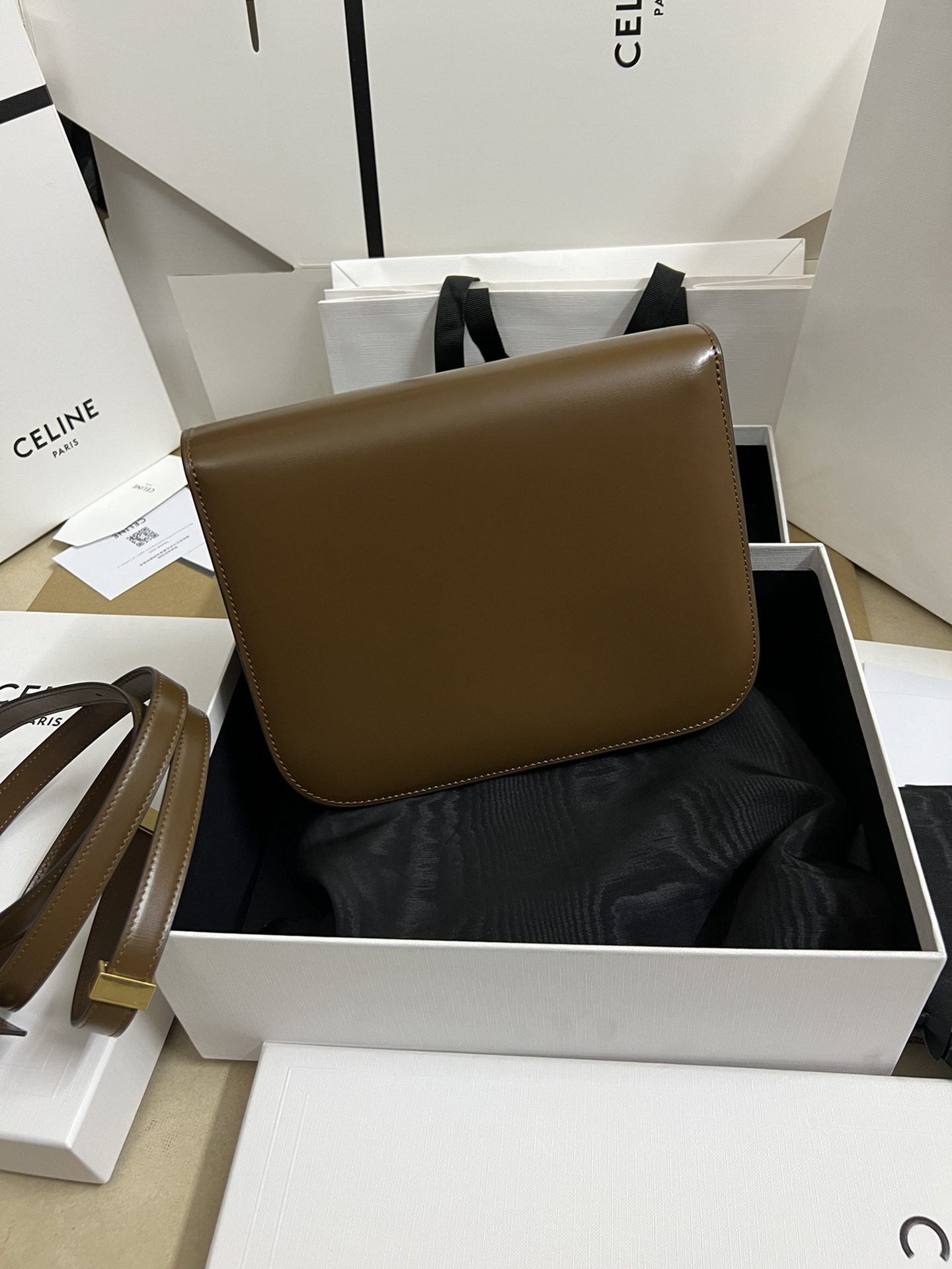 Celine Box Medium Original grade hand-rubbed cowhide with natural texture, Sheepskin lining, double spring hardware fasteners with real gold vibr