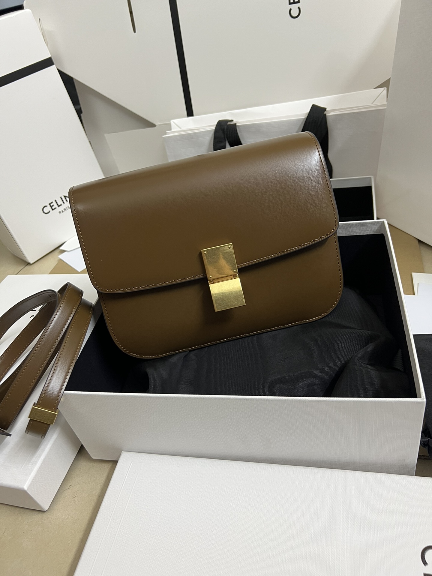 Celine Box Medium Original grade hand-rubbed cowhide with natural texture, Sheepskin lining, double spring hardware fasteners with real gold vibr
