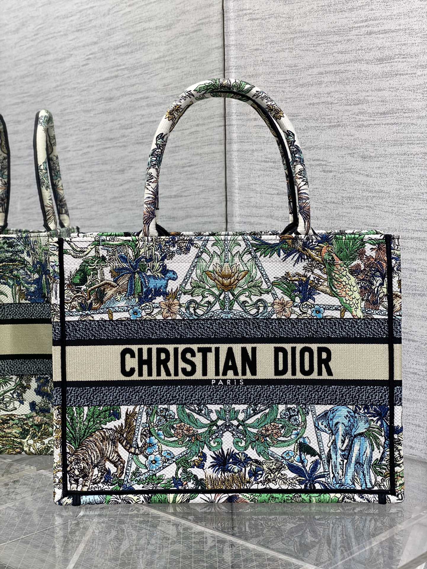 DIOR Tote Floral Embroidery Color-Block Letter Tote Bag