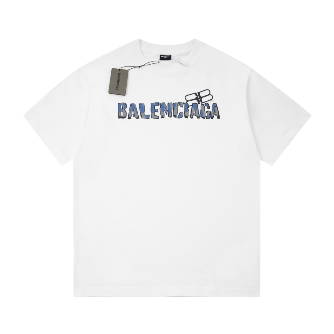 160 BALENCIAGA 巴黎世家23Fw夏季新款蓝色水墨字母双B锁扣印花短袖