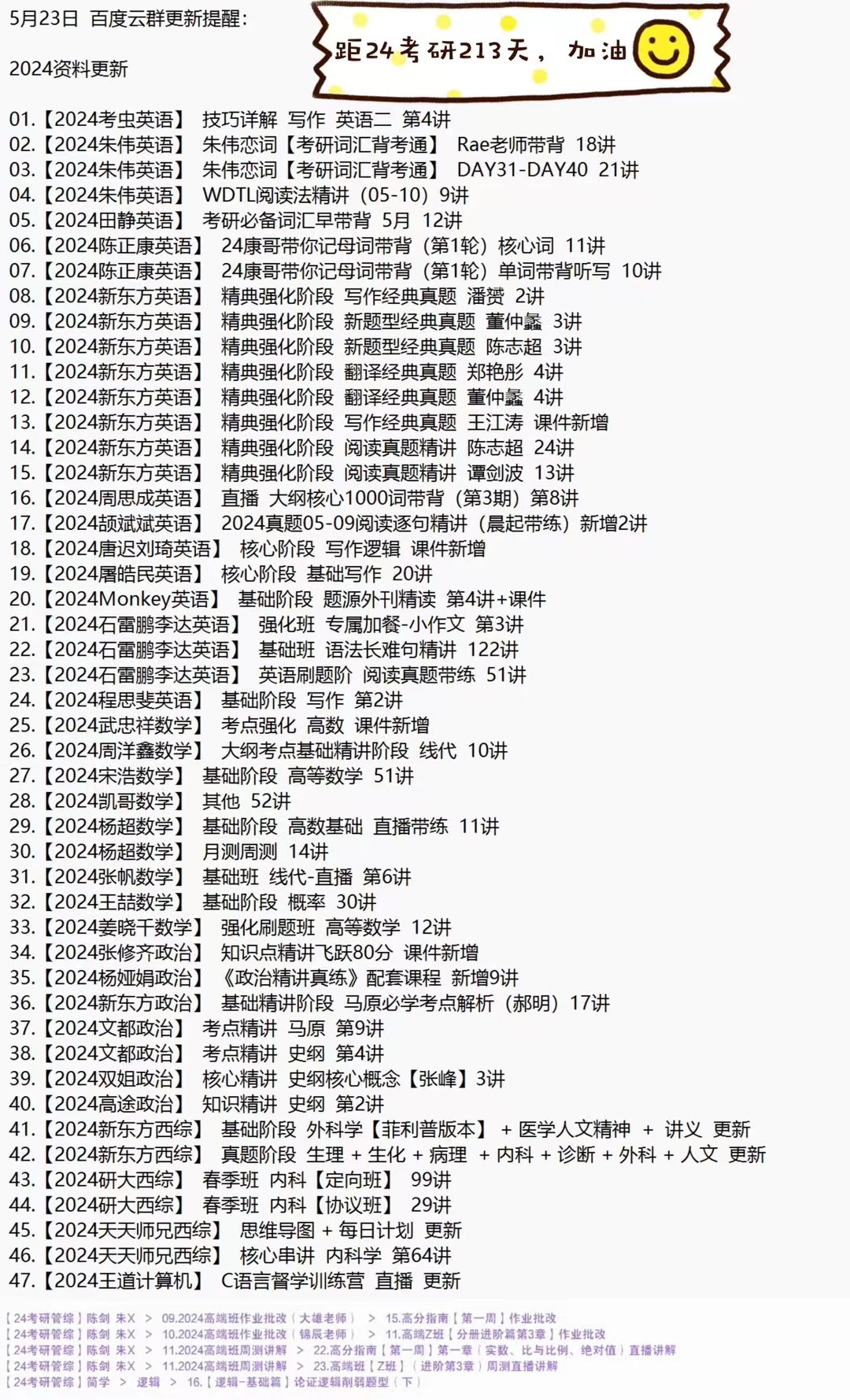 萌学院区05月23号更新 ✅5月23日考研已更新?? ✅非常全、非常快，全无年休 ✅每稳日健更新！购联课系我！ ?今考日研课大更量新-52项！ ?距24考研剩213天，加油！