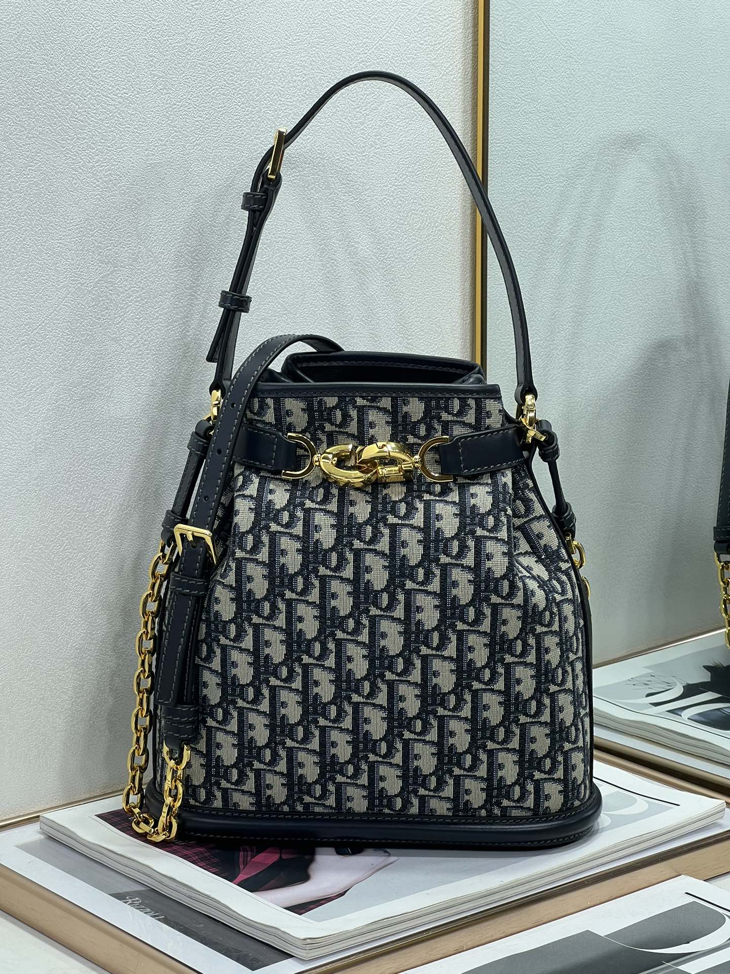 Dior C'est Blue Oblique Monogram Bucket Bag Letter Lock Chain Strap