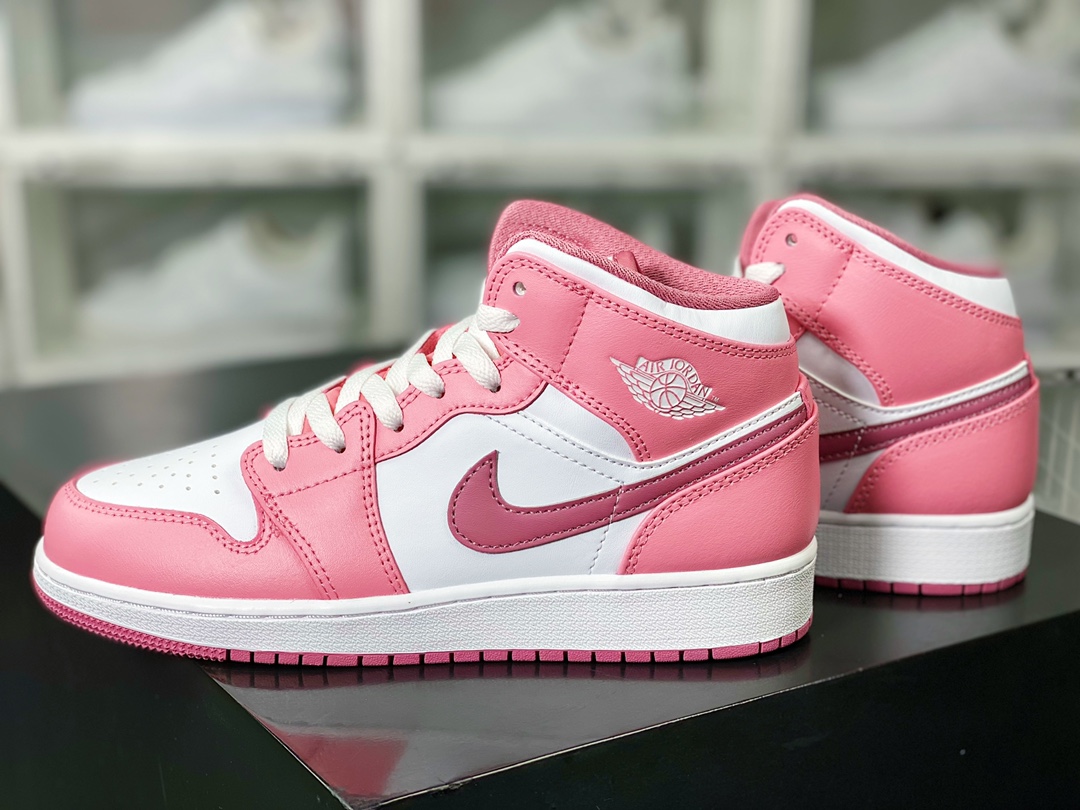 Air Jordan 1 Mid GS ”Valentines Day” AJ1 Jordan generation mid-top basketball shoes ”leather cherry blossom pink white” DQ8423-616