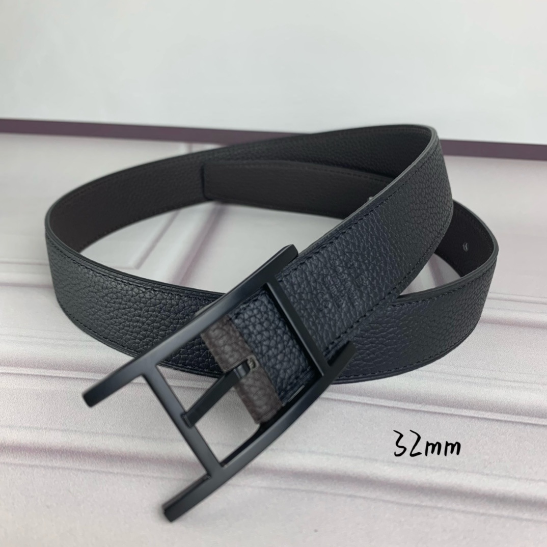 Hermès 爱马仕针扣皮带 原单品质 双面荔枝纹 黑+咖啡 32mm宽 双面可用 配官网H哑黑扣