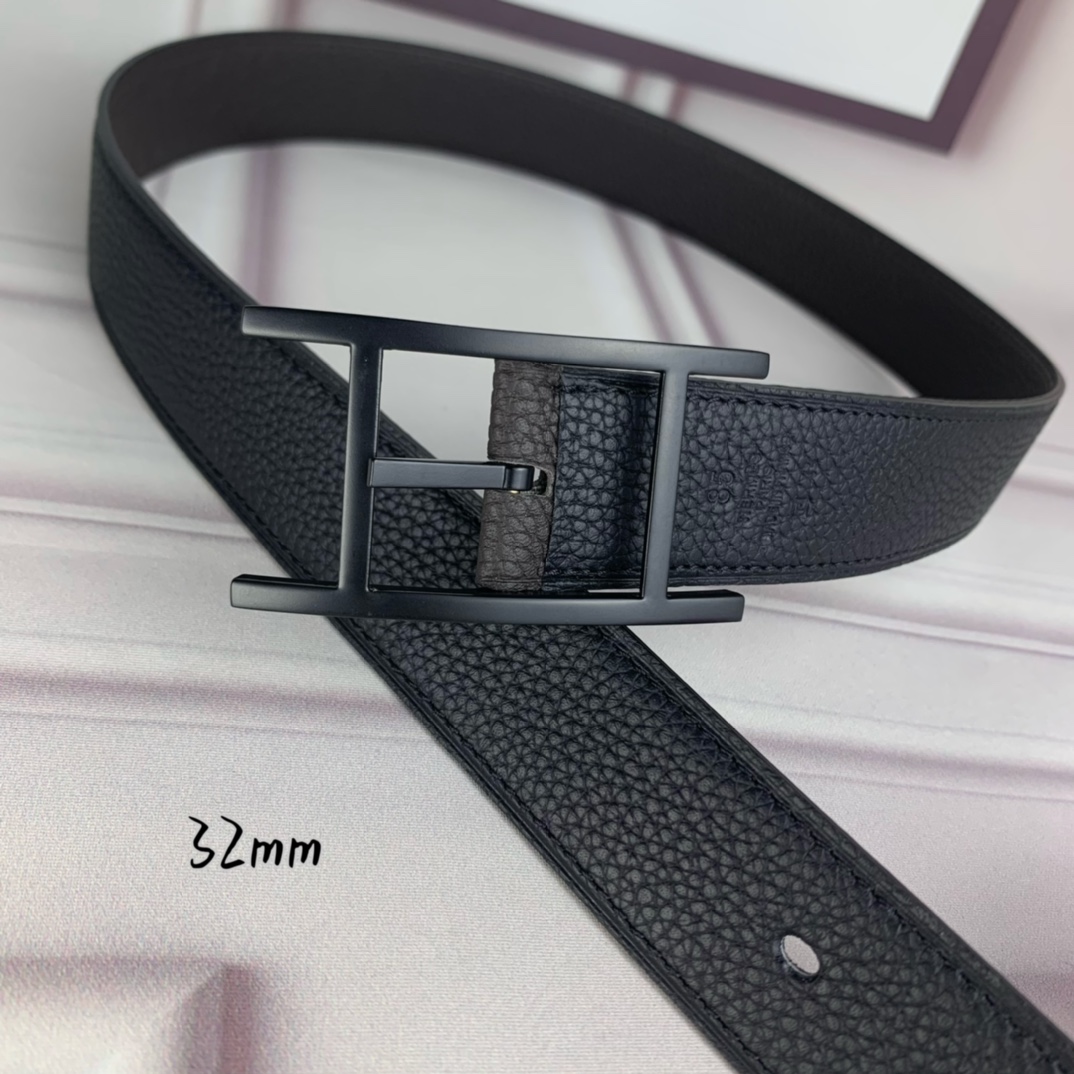 Hermès 爱马仕针扣皮带 原单品质 双面荔枝纹 黑+咖啡 32mm宽 双面可用 配官网H哑黑扣