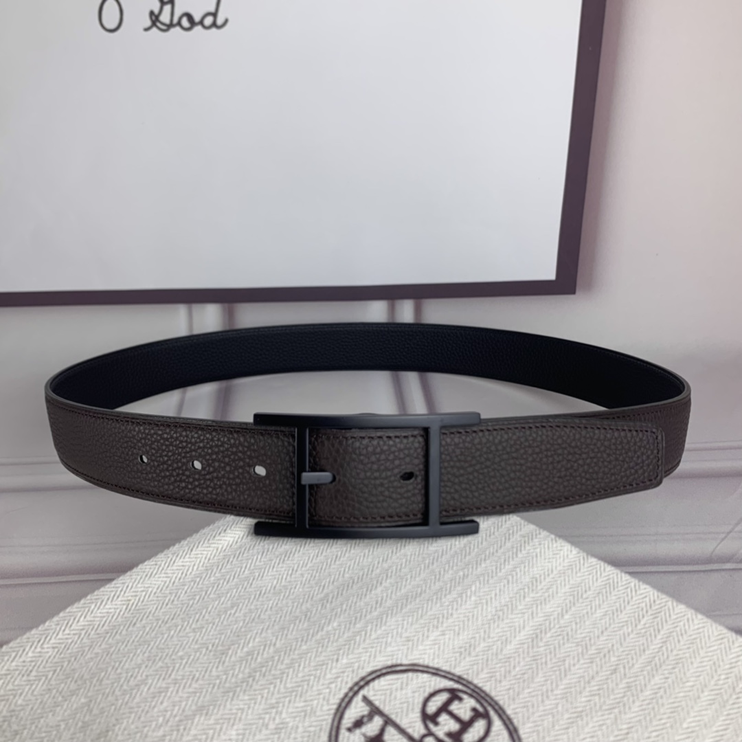Hermès 爱马仕针扣皮带 原单品质 双面荔枝纹 黑+咖啡 32mm宽 双面可用 配官网H哑黑扣