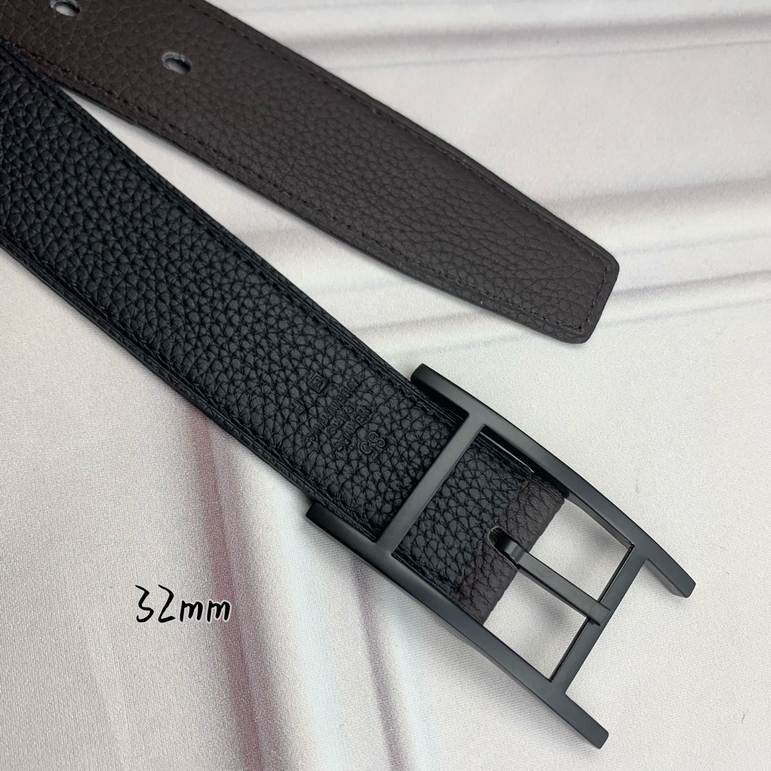 Hermès 爱马仕针扣皮带 原单品质 双面荔枝纹 黑+咖啡 32mm宽 双面可用 配官网H哑黑扣