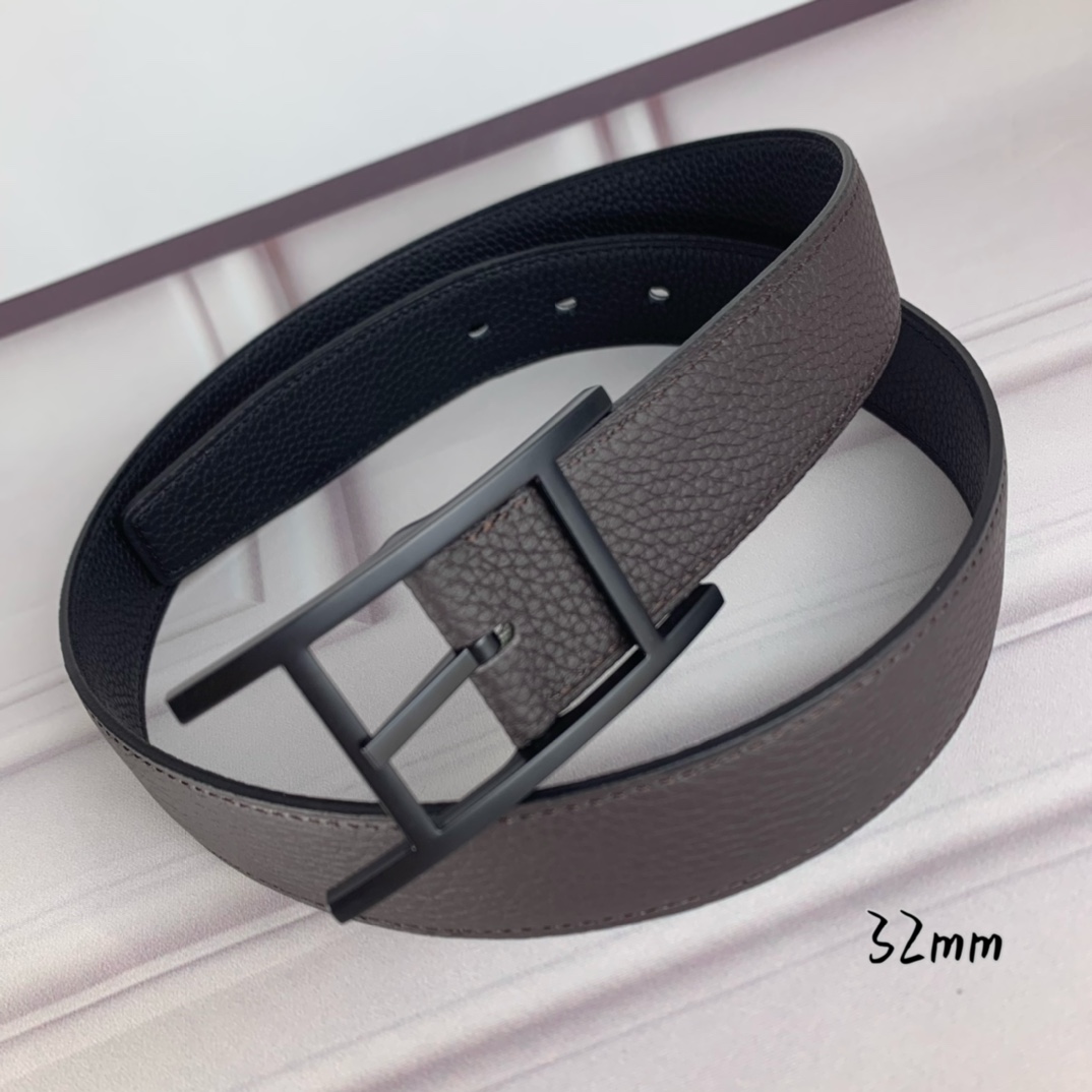 Hermès 爱马仕针扣皮带 原单品质 双面荔枝纹 黑+咖啡 32mm宽 双面可用 配官网H哑黑扣