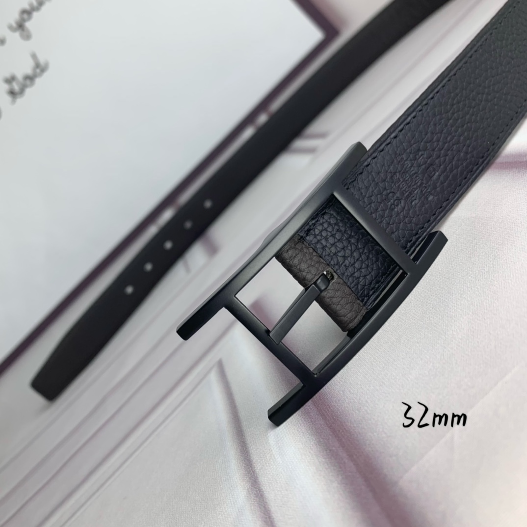 Hermès 爱马仕针扣皮带 原单品质 双面荔枝纹 黑+咖啡 32mm宽 双面可用 配官网H哑黑扣