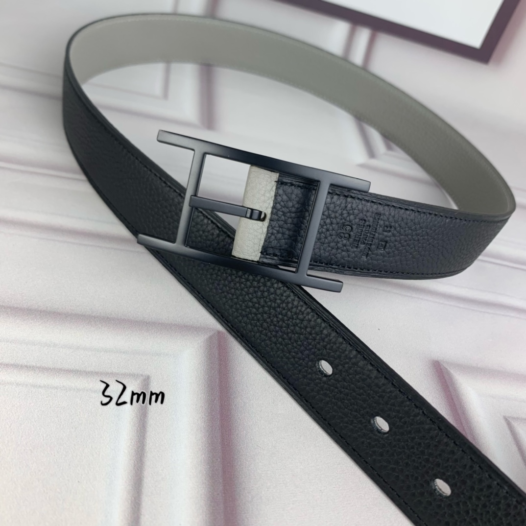 Hermès 爱马仕针扣皮带 原单品质 双面荔枝纹 黑+灰 32mm宽 双面可用 配官网H哑黑扣