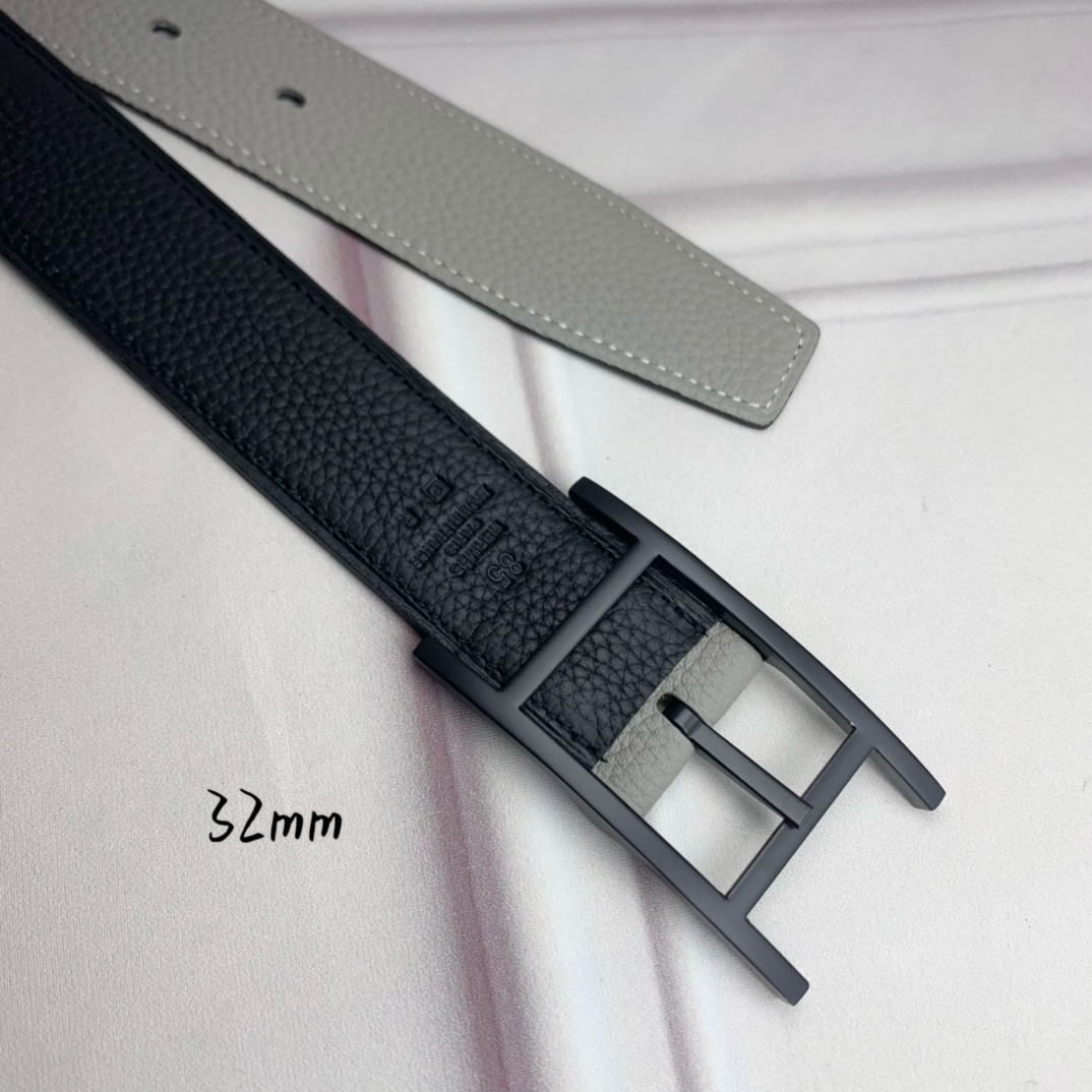 Hermès 爱马仕针扣皮带 原单品质 双面荔枝纹 黑+灰 32mm宽 双面可用 配官网H哑黑扣