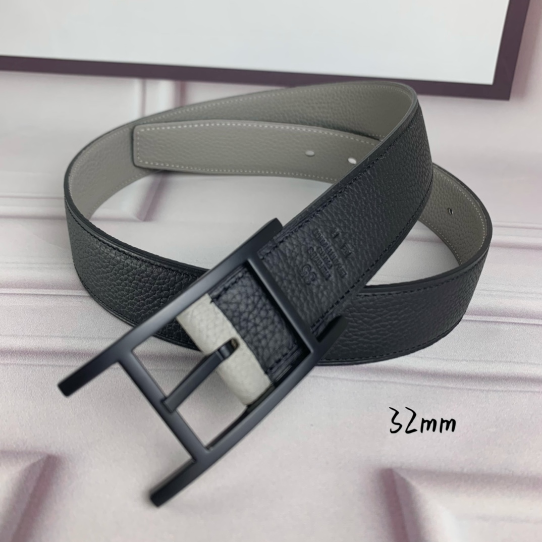 Hermès 爱马仕针扣皮带 原单品质 双面荔枝纹 黑+灰 32mm宽 双面可用 配官网H哑黑扣