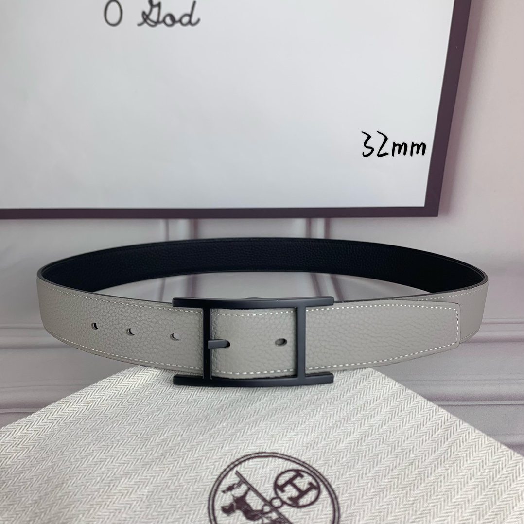 Hermès 爱马仕针扣皮带 原单品质 双面荔枝纹 黑+灰 32mm宽 双面可用 配官网H哑黑扣