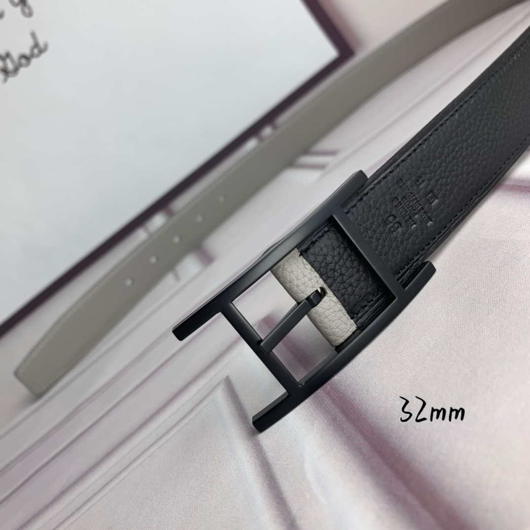 Hermès 爱马仕针扣皮带 原单品质 双面荔枝纹 黑+灰 32mm宽 双面可用 配官网H哑黑扣