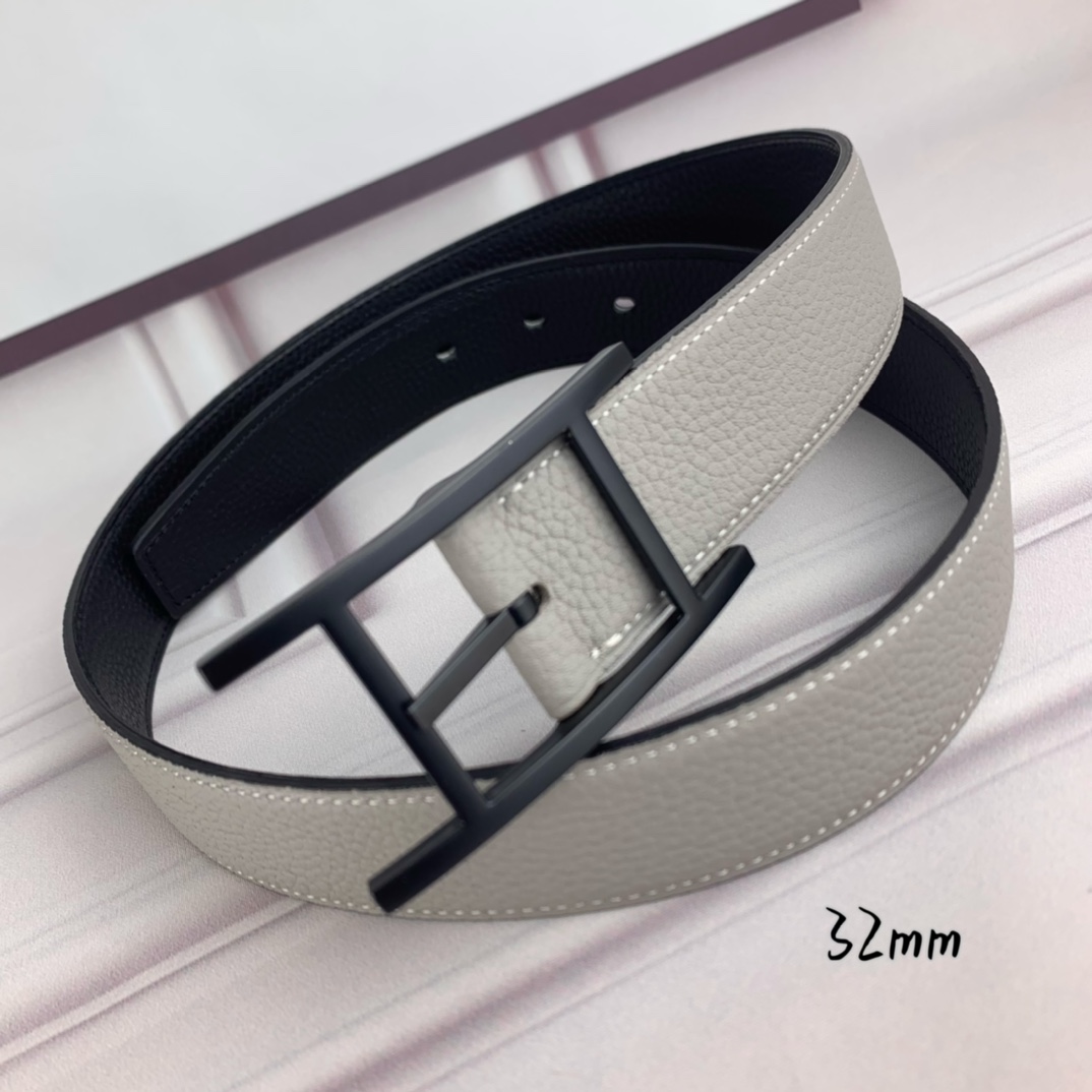 Hermès 爱马仕针扣皮带 原单品质 双面荔枝纹 黑+灰 32mm宽 双面可用 配官网H哑黑扣